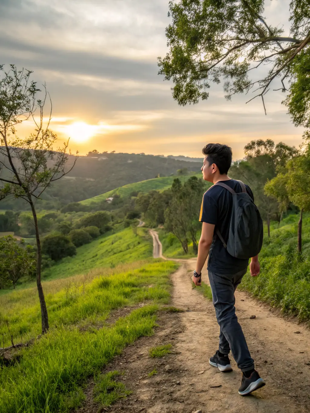 A person confidently walking on a path towards a bright horizon, symbolizing tangible results and personal leadership.