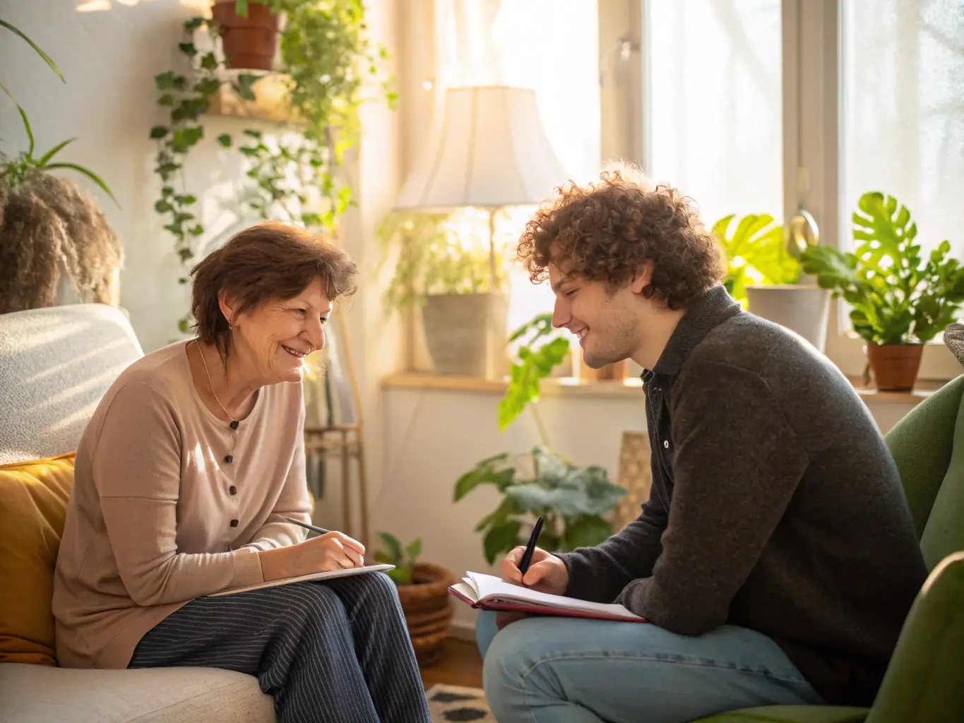 A photograph capturing a moment of genuine human connection, such as a mentor listening attentively to a client or a group of people collaborating in a supportive environment.