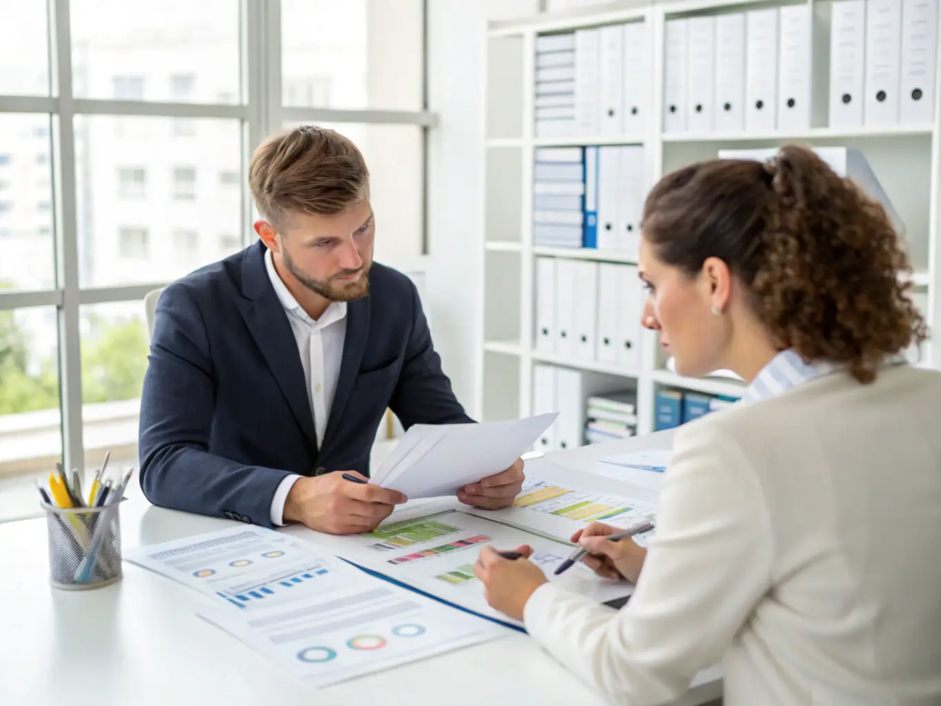 Image representing a one-on-one consulting session, showing a professional setting with a focus on analytical discussion and problem-solving.