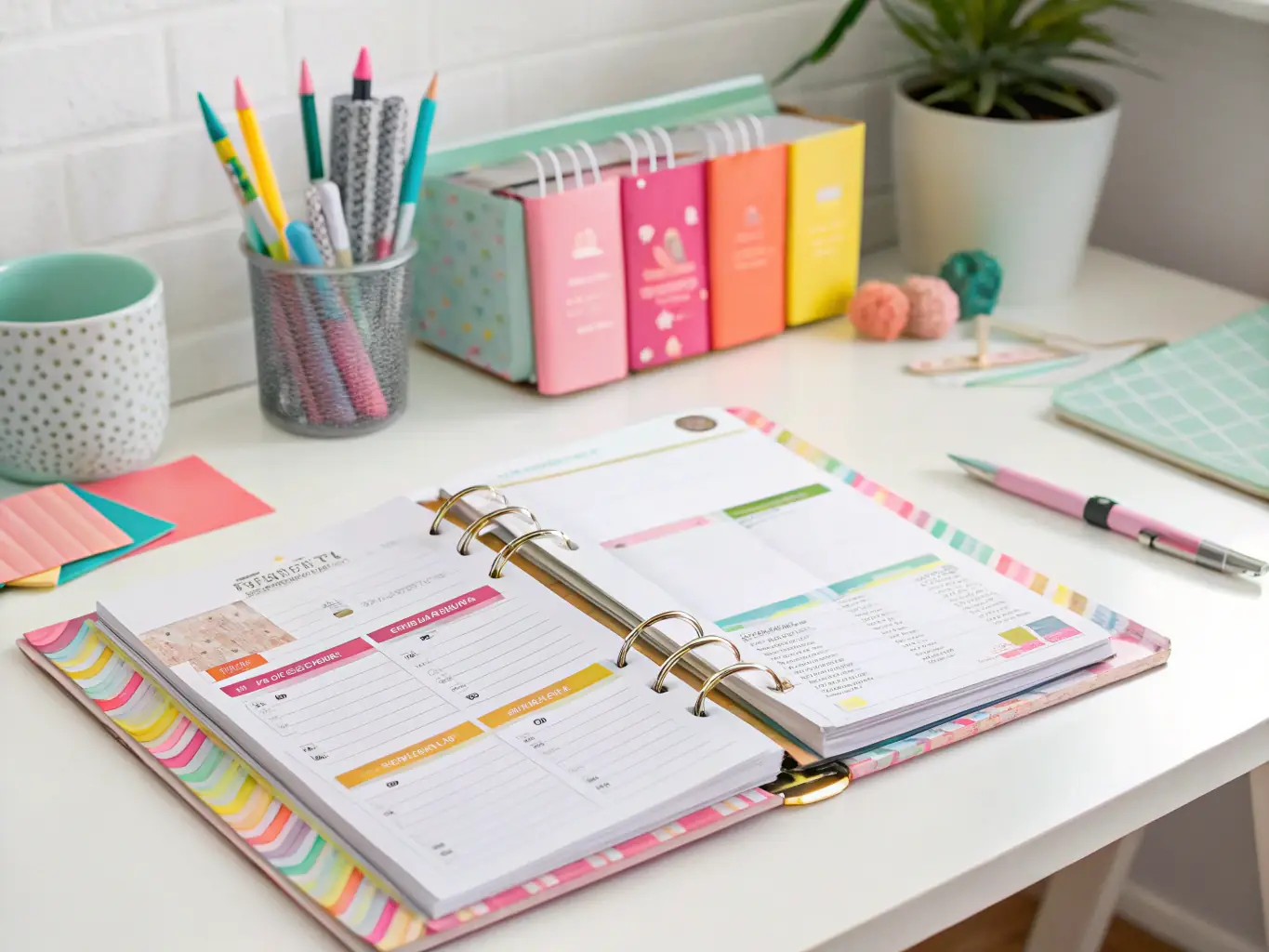 Image representing practical tools and resources, such as a planner, a notebook, and a pen, arranged in a minimalist and organized manner.