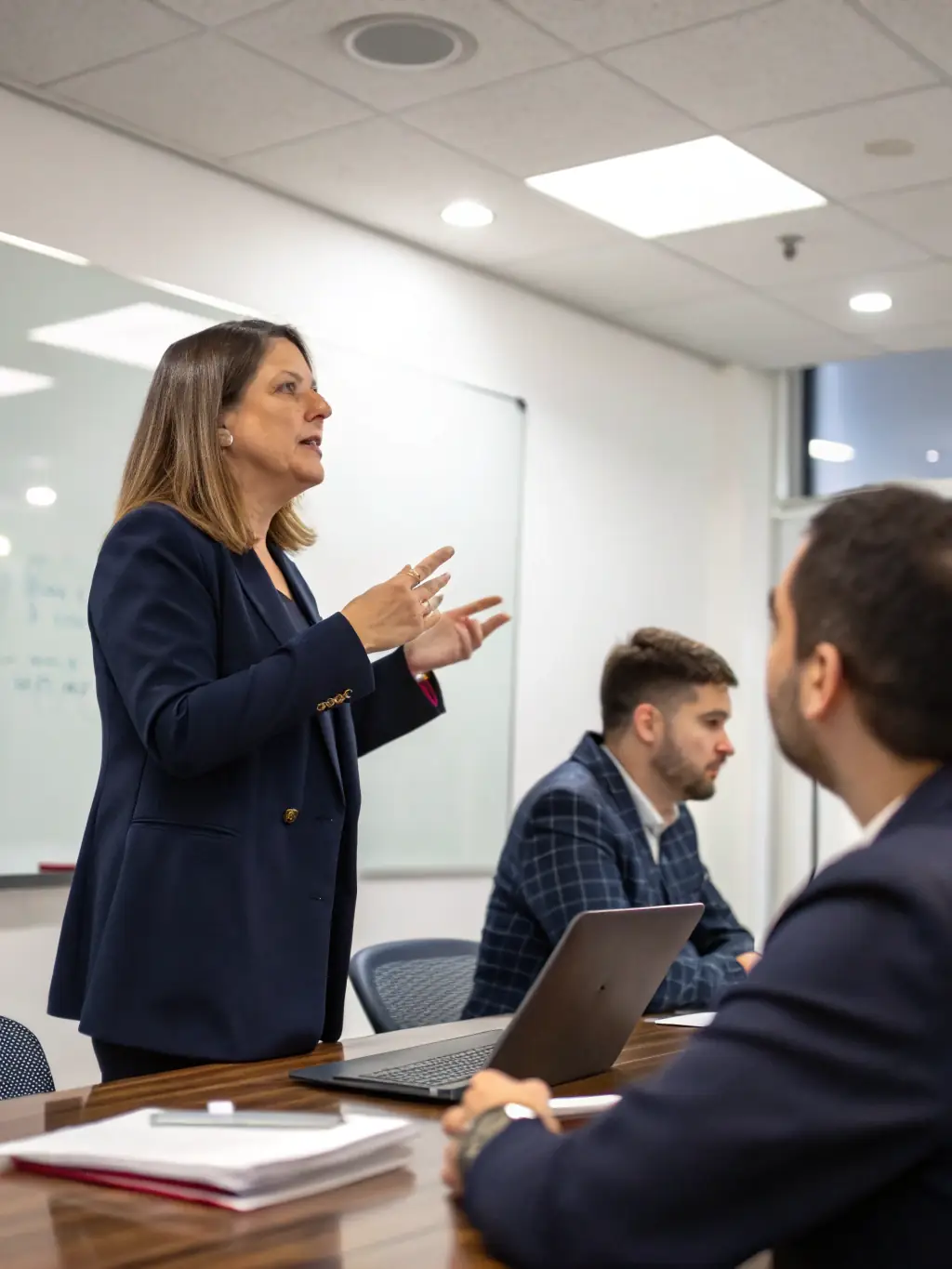 A person confidently leading a team in a modern office, symbolizing authentic leadership.