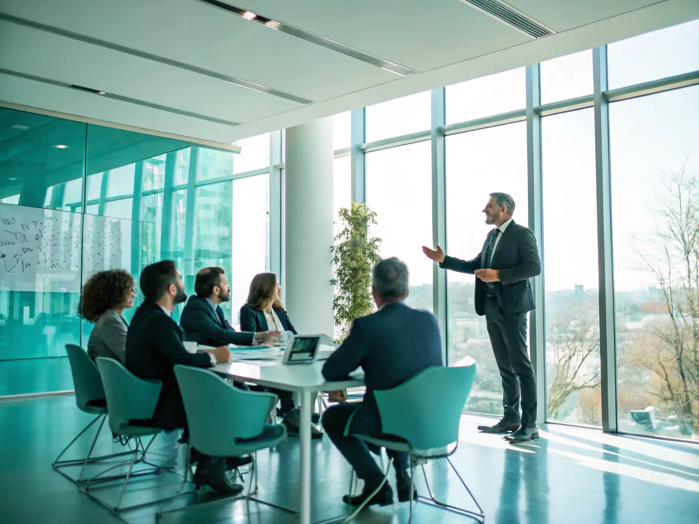 An image representing leadership and communication, such as a person confidently leading a team in a modern office setting with open communication channels.