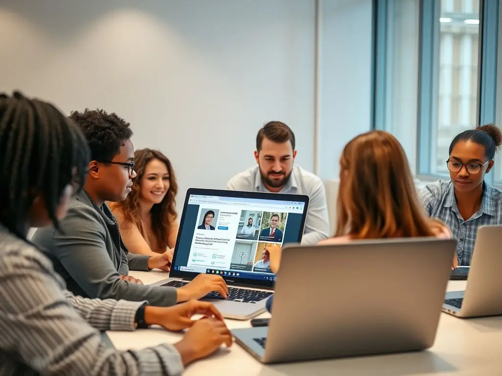 Image depicting a group of professionals participating in a virtual training session, with minimalist design elements and a focus on clarity and structure.