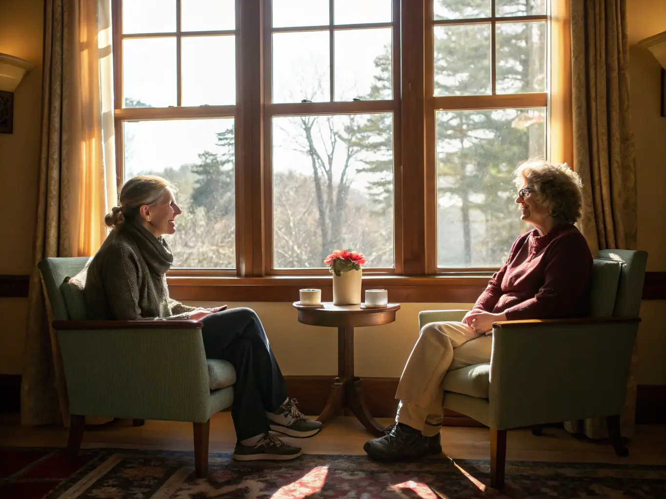 An image depicting two people engaged in a genuine conversation, symbolizing authentic communication and leadership. The setting is professional yet approachable, reflecting Jaime's style.